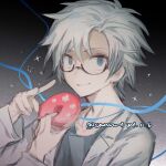  1boy blue_eyes chinese_commentary commentary_request doughnut food glasses grey_shirt highres holding holding_food imuotomocu2 kanou_aogu lab_coat long_sleeves male_focus open_clothes portrait saibou_shinkyoku semi-rimless_eyewear shirt short_hair smile solo sparkle white_hair 