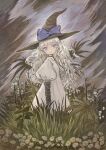  1girl ari_awayuki bow choker dress elbow_gloves expressionless from_side gloves hat hat_bow highres long_hair looking_at_viewer original plant puffy_short_sleeves puffy_sleeves short_sleeves solo very_long_hair violet_eyes wavy_hair white_hair witch witch_hat 