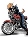 1boy absurdres animal_ears blonde_hair commentary_request crossed_arms dog_boy dog_ears dog_tail fingerless_gloves from_side full_body gloves heart highres jounouchi_katsuya leaning_forward looking_at_viewer male_focus motor_vehicle motorcycle on_motorcycle one_eye_closed short_hair signalkj sitting smile solo tail white_background yellow_eyes yu-gi-oh! 