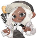  1girl artist_name baseball_cap black_eyes commentary_request dark-skinned_female dark_skin gradient_hair grey_hair gun hat highres holding holding_gun holding_weapon lemo_(lemo_4) long_hair looking_at_viewer multicolored_hair octoling octoling_girl simple_background smile solo splatoon_(series) splatoon_3 teeth tentacle_hair twitter_username two-tone_hair upper_body watermark weapon white_background white_hair 