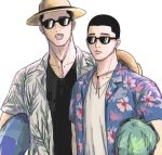  2boys black_eyes black_hair buzz_cut carrying carrying_under_arm food fruit fukatsu_kazunari hat hat_on_back ichinokura_satoshi male_focus mcm3b3 multiple_boys parted_lips short_hair simple_background slam_dunk_(series) straw_hat sunglasses upper_body very_short_hair watermelon white_background 