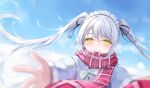  1girl akie_(44265104) blue_sky blurry blurry_background blush grey_hair grin hair_between_eyes jacket long_hair looking_at_viewer maid_headdress original outdoors plaid plaid_scarf reaching reaching_towards_viewer red_scarf scarf sky smile solo steaming_body twintails yellow_eyes 