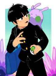  1boy bag black_eyes black_hair black_pants bowl_cut closed_eyes commentary creature creature_on_shoulder crossover english_commentary friend_ball gakuran goomy grid_background highres holding holding_poke_ball kageyama_shigeo long_sleeves male_focus mob_psycho_100 on_shoulder open_mouth pants poke_ball pokemon pokemon_(creature) school_bag school_uniform short_hair smile standing yescilantro 