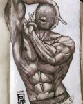  1boy abs bird_mask chota dorohedoro fabulous graphite_(medium) highres large_pectorals male_focus mask maya_panda muscular muscular_male navel nipples no_eyes pectorals photo_(medium) shredded_muscles solo stomach topless_male traditional_media upper_body veins veiny_arms 