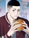  1boy black_eyes black_hair burger buzz_cut casual eating english_text food highres holding holding_food looking_down male_focus nolja_cz sawakita_eiji short_hair slam_dunk_(series) solo upper_body very_short_hair 