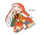  1girl closed_eyes earrings full_body inkling inkling_girl japanese_clothes jewelry jumping kimono long_hair open_mouth orange_hair pointy_ears print_kimono sasaki5_ika simple_background smile solo splatoon_(series) splatoon_3 tentacle_hair translation_request white_background 