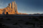  1boy absurdres artist_logo artist_name bridge building castle concept_art desert facebook_username fantasy fortress highres instagram_username landscape miguel_iglesias mountain original outdoors rock sand scenery sky solo standing tower web_address youtube_username 