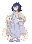  3girls aged_down animal_ear_fluff animal_ears barefoot black_hair blonde_hair blue_eyes blue_hair blue_hairband blue_jacket blue_pants blue_shirt blush closed_mouth colored_inner_hair commentary dog_ears dog_girl dog_tail dress feet fongban_illust fuwawa_abyssgard grey_dress hair_between_eyes hair_intakes hair_ornament hairband hairclip height_difference highres hololive hololive_english jacket long_hair long_sleeves looking_at_viewer mococo_abyssgard multicolored_hair multiple_girls open_clothes open_jacket ouro_kronii pajamas pants pink_eyes pink_hair purple_dress shirt short_hair simple_background sleepwear slippers standing streaked_hair symbol-only_commentary tail two-tone_hair virtual_youtuber white_background x_hair_ornament 