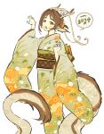  1girl 2024 antennae antlers arm_up back_bow bow brown_eyes brown_hair brown_scales chinese_zodiac claw_pose cloud_print colored_tongue constricted_pupils dated dragon_ears dragon_tail fangs feet_out_of_frame fur-tipped_tail green_bow green_kimono hair_ornament hand_up hands_up highres horns japanese_clothes kimono long_sleeves long_tail looking_at_viewer mole mole_on_cheek mota_(motaberrie) new_year obi obiage obijime open_mouth orange_tongue original sash scales short_hair simple_background solo speech_bubble standing tail white_background whorled_clouds wide_sleeves year_of_the_dragon 