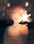  1girl amiya_aranha blue_kimono blurry blurry_background cowlick elizyria fangs fireworks hair_bun hair_intakes head_tilt highres holding_fireworks indie_virtual_youtuber japanese_clothes kimono obi purple_hair sash single_hair_bun smile solo sparkler upper_body violet_eyes virtual_youtuber 