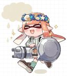  1girl :d artist_name brown_footwear closed_eyes clouds commentary_request green_socks grid_background gun head_wreath highres holding holding_gun holding_weapon inkling inkling_girl long_hair nautilus_(splatoon) open_mouth orange_hair pointy_ears shina_shina simple_background smile socks solo sparkle splatoon_(series) splatoon_3 tentacle_hair twitter_username walking weapon white_background 