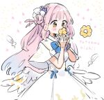  1girl blue_archive blue_bow blue_bowtie bow bowtie capelet commentary_request doughnut dress eating feathered_wings feathers food hair_bun hair_ornament hair_wagging hands_up highres holding holding_food kurihara_sakura long_hair low_wings mika_(blue_archive) no_halo pink_hair purple_scrunchie romaji_text scrunchie sidelocks simple_background single_side_bun solo sparkle white_background white_capelet white_dress white_feathers white_wings wings wrist_scrunchie yellow_eyes 