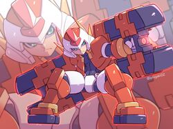  1boy armor black_bodysuit bodysuit cropped_jacket crotch_plate energy_weapon forehead_jewel green_eyes green_hair gun helmet highres holding holding_gun holding_weapon ishigaki_(sora_roxas) mega_man_(series) mega_man_zx model_fx_(mega_man) power_armor spikes twitter_username vent_(mega_man) weapon 