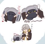  !!_(p7kwzcwyyhxsz6u) 1boy animal black_cat black_fur black_gloves black_jacket blush caelus_(honkai:_star_rail) cat cat_tail closed_eyes closed_mouth collarbone commentary critter_pick_(honkai:_star_rail) fingerless_gloves fingernails flying_sweatdrops gloves grey_hair hair_between_eyes hands_on_another&#039;s_face hands_up heart highres honkai:_star_rail honkai_(series) hood hooded_jacket jacket long_sleeves looking_at_another mooncake open_clothes open_jacket open_mouth own_hands_together shirt short_hair simple_background smile standing sweatdrop t-shirt tail trailblazer_(honkai:_star_rail) trailblazer_(trash_cake)_(honkai:_star_rail) two-sided_fabric two-sided_jacket white_background white_shirt yellow_eyes yellow_jacket 