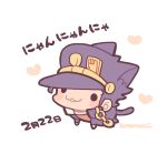  1boy :3 animal_ears black_eyes blush_stickers cat_ears cat_tail chain chibi chibi_only full_body heart jojo_no_kimyou_na_bouken kemonomimi_mode kotorai kujo_jotaro male_focus no_nose open_mouth orange_shirt purple_hair purple_headwear shirt signature simple_background solid_circle_eyes solo tail translation_request white_background 