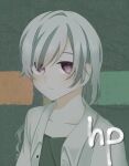  1girl black_shirt braid braided_ponytail closed_mouth coat collarbone commentary_request expressionless green_background grey_hair hazuki_(misosima_3341) hp_(utau) long_hair looking_at_viewer open_clothes open_coat sekka_yufu shirt solo song_name square swept_bangs text_background translation_request upper_body utau violet_eyes white_coat winter_clothes winter_coat 