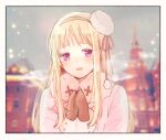  1girl :d axis_powers_hetalia blonde_hair blurry blurry_background blush border breath brown_mittens building coat cross fur_hat genderswap genderswap_(mtf) hairband hat long_hair long_sleeves looking_at_viewer mittens open_mouth outdoors own_hands_together pink_coat russia_(hetalia) shio_konbu_(syoko128) sky smile snowing solo tilted_headwear upper_body violet_eyes 