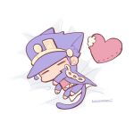  1boy animal_ears bed_sheet cat_ears cat_tail chibi chibi_only closed_eyes coat full_body hat heart heart-shaped_pillow jojo_no_kimyou_na_bouken kemonomimi_mode kotorai kujo_jotaro male_focus no_nose pillow purple_coat purple_hair purple_headwear red_shirt shirt solo tail torn_pillow 