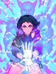  1girl artist_name black_hair black_jacket dragon_ball electricity father-son_kamehameha highres jacket kamehameha_(dragon_ball) mishima_heihachi multicolored_clothes multicolored_hair multicolored_jacket parody purple_hair purple_jacket quasimodox reina_(tekken) streaked_hair tekken tekken_8 violet_eyes 