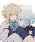  2girls :d ahoge alternate_costume black_bow blonde_hair blue_bow blue_eyes blue_hair blue_sweater border bow bowtie closed_mouth collared_shirt flower furina_(genshin_impact) genshin_impact grey_background grey_sweater hair_flower hair_ornament highres holding_another&#039;s_wrist inagoinaire knees_up long_sleeves looking_at_another lumine_(genshin_impact) multicolored_hair multiple_girls open_mouth outside_border school_uniform shirt short_hair sidelocks simple_background sitting sleeves_past_wrists smile streaked_hair sweat sweater white_border white_flower white_hair white_shirt wing_collar yellow_eyes yuri 