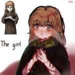  1girl artist_name brown_robe english_commentary fear_&amp;_hunger highres maijyreill medium_hair own_hands_together red_eyes redhead robe scar sweat the_girl_(fear_&amp;_hunger) upper_body white_background 