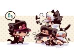  5boys androgyne_symbol animal_ears black_coat black_hair black_headwear blue_eyes brown_eyes cat_ears cat_tail chain chibi chibi_only cigarette coat commentary fang full_body hat jojo_no_kimyou_na_bouken kotorai kujo_jotaro male_focus mouth_hold multiple_boys multiple_persona pile red_shirt shirt signature smoking speech_bubble spoken_sweatdrop sweatdrop tail translated white_coat white_headwear 