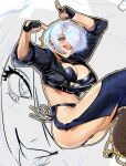  angel_(kof) boots breasts cowboy_boots crop_top cropped_jacket fingerless_gloves gloves hair_over_one_eye highres horns_pose jacket large_breasts leather leather_jacket redgray21st the_king_of_fighters the_king_of_fighters_xiv white_hair 