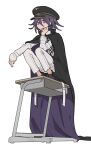  1boy black_cape black_headwear cape checkered_clothes checkered_scarf danganronpa_(series) danganronpa_v3:_killing_harmony desk expressionless full_body hair_between_eyes highres long_sleeves looking_at_viewer male_focus oma_kokichi on_desk purple_hair scarf school_desk short_hair solo squatting straitjacket violet_eyes white_background xiao_(grsnss25) 