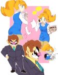  1boy 1girl blue_eyes blue_skirt brown_hair business_suit cutie-png facial_hair grin hands_in_pockets highres long_hair mona_(warioware) multiple_views mustache necktie office_lady orange_hair ponytail skirt smile suit thick_eyebrows wario warioware 