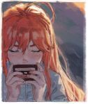  1girl ahoge border cassette_tape celeste_(video_game) chinese_commentary closed_eyes commentary_request eyebrows_hidden_by_hair highres holding jacket madeline_(celeste) redhead solipsist solo upper_body white_border white_jacket 