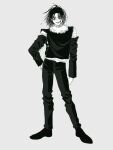  1boy arm_at_side asutalt detached_sleeves full_body fur_trim greyscale hand_on_own_hip kagurabachi looking_at_viewer medium_hair messy_hair monochrome pants shoes smirk solo soujou_genichi standing 
