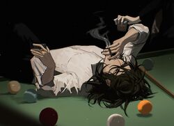  1boy ball billiard_ball black_eyes black_pants brown_hair cigar cue_stick film_grain highres holding holding_cigar isoi_reiji lying male_focus medium_hair on_side pants pool_table qiqiqiqi498 saibou_shinkyoku shirt sleeves_past_elbows smoke smoking solo solo_focus table white_shirt 