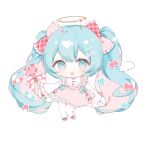  1girl :d blue_bow blue_eyes blue_hair blush bow chibi drawing_kanon frilled_bow frills full_body hair_bow hair_ornament hairclip halo hatsune_miku highres holding holding_wand long_hair long_sleeves looking_at_viewer multicolored_hair pink_bow pink_footwear pink_hair pink_skirt plaid plaid_bow puffy_long_sleeves puffy_sleeves shirt shoes simple_background skirt sleeves_past_fingers sleeves_past_wrists smile solo thigh-highs two-tone_hair very_long_hair vocaloid wand white_background white_shirt white_thighhighs x_hair_ornament 