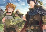  1boy 1girl armor bandana belt belt_buckle black_hair blonde_hair blue_eyes breasts buckle closed_mouth collarbone commentary_request fingerless_gloves fire_emblem fire_emblem:_path_of_radiance fire_emblem:_radiant_dawn fist_bump gloves green_bandana green_gloves hand_on_own_hip ike_(fire_emblem) jelly_shrimp lens_flare lethe_(fire_emblem) medium_breasts mountain outdoors short_hair short_sleeves shoulder_armor smile standing sunlight violet_eyes 