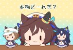  1girl :3 anchor_symbol animal_ears aqua_background aqua_ribbon blue_background blue_hair blush_stickers bow bowtie brown_hair character_doll cheval_grand_(umamusume) chibi commentary dark_blue_hair ear_covers ear_ornament gomashio_(goma_feet) gradient_background hat hat_ribbon horse_ears horse_girl horse_tail light long_hair long_sleeves multicolored_hair peaked_cap polka_dot polka_dot_background purple_sailor_collar purple_shirt ribbon sailor_collar sailor_hat sailor_shirt school_uniform shirt short_hair single_ear_cover skirt solo streaked_hair stuffed_toy table tail tracen_school_uniform translated twintails two-tone_hair umamusume verxina_(umamusume) vivlos_(umamusume) white_bow white_bowtie white_headwear winter_uniform yellow_background 