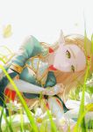  1girl blonde_hair blue_shirt bridal_gauntlets bug butterfly butterfly_on_hand commentary_request elbow_gloves fingerless_gloves flower gloves green_eyes highres long_hair lying on_grass on_side parted_bangs parted_lips pointy_ears princess_zelda shirt signature solo the_legend_of_zelda the_legend_of_zelda:_breath_of_the_wild tiara tsujieiri white_flower white_gloves 