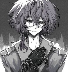  1boy bespectacled chinese_commentary closed_mouth commentary_request glasses gloves greyscale hair_between_eyes hand_on_own_wrist hands_up highres jacket male_focus medium_hair monochrome portrait rectangular_eyewear saibou_shinkyoku semi-rimless_eyewear shirt short_hair solo utsugi_noriyuki xinjinjumin6726769 