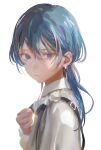  1girl aq_ll blue_eyes blue_hair clenched_hand closed_mouth earrings expressionless frilled_shirt frills hand_up highres jewelry long_hair long_sleeves looking_at_viewer original shirt simple_background solo strap upper_body white_background white_shirt 