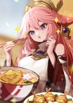  1girl absurdres animal_ears ankkoyom blurry blurry_background breasts chopsticks detached_sleeves earrings fox_ears fukuuchi_udon_(genshin_impact) genshin_impact golden_shrimp_balls_(genshin_impact) hair_between_eyes hands_up highres holding holding_chopsticks jewelry large_breasts long_hair looking_at_food nail_polish nontraditional_miko open_mouth pink_hair pink_nails sidelocks solo sparkle steaming_food surprised toenail_polish toenails turtleneck upper_body violet_eyes vision_(genshin_impact) wide_sleeves yae_miko 
