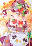  1girl apple apron autumn_leaves back_bow blonde_hair bow braid broom checkered_bow checkered_clothes checkered_ribbon checkered_shirt covering_own_mouth cowboy_shot food frilled_apron frills fruit fruit_hat_ornament green_bow grey_bow grey_ribbon grey_shirt hat hat_bow hat_ribbon head_tilt highres holding holding_broom holding_food holding_fruit kirisame_marisa large_bow layered_sleeves leaf long_hair long_sleeves looking_at_viewer marker_(medium) naruki puffy_short_sleeves puffy_sleeves purple_headwear purple_skirt purple_vest red_apple red_ribbon ribbon shirt short_over_long_sleeves short_sleeves single_braid skirt solo touhou traditional_media vest waist_apron white_apron white_bow yellow_background yellow_eyes 