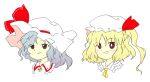  2girls :d ascot blonde_hair blue_hair blush bright_pupils closed_mouth flandre_scarlet hat hat_ribbon light_blue_hair medium_hair mob_cap multiple_girls nonamejd official_style portrait red_eyes red_ribbon remilia_scarlet ribbon siblings side_ponytail simple_background sisters smile touhou white_background white_headwear white_pupils yellow_ascot zun_(style) 