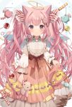  1girl animal_ears candy candy_cane cat_ears cat_girl dress fake_halo food goma_(u_p) halo lollipop original pink_eyes pink_hair smile stuffed_animal stuffed_toy twintails 