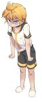  1boy black_shorts blonde_hair blue_eyes blush closed_mouth full_body highres kagamine_len leaning_forward looking_at_viewer male_focus medium_bangs medium_hair necktie pout shirt short_ponytail short_sleeves shorts shu187 simple_background slippers solo standing v vocaloid white_background white_footwear white_shirt yellow_necktie 