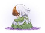  1boy ahoge apron axis_powers_hetalia back_bow blush bow brown_hair chibitalia_(hetalia) child crossdressing dress expressive_hair eyelashes field flower flower_field from_behind from_side full_body green_dress head_scarf highres hugging_own_legs juliet_sleeves long_sleeves male_focus northern_italy_(hetalia) puffy_sleeves purple_flower sad save_1075 short_hair simple_background sitting white_apron white_background white_bow white_headwear 