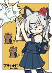  1girl 9chrono0 :3 absurdres alarm_siren animal_ears backpack bag blue_bag blue_dress blue_thighhighs border buta_thunder_(vocaloid) cat cat_ears cat_tail character_name clapping closed_eyes colored_eyelashes commentary_request dress electrocution fish_skeleton_hair_ornament grey_hair hands_up highres kusoge_patrol_neko lightning long_hair mole mole_under_mouth nekomoto_pato outside_border pinafore_dress pleated_dress puffy_short_sleeves puffy_sleeves randoseru shirt short_sleeves simple_background sleeveless sleeveless_dress solo song_name tail thigh-highs twintails uneven_twintails virtual_youtuber white_border white_shirt yellow_background 