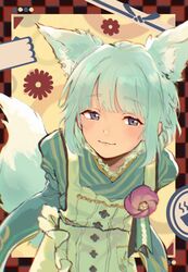  1boy androgynous animal_ears apron black_background blue_hair blue_kimono blush checkered_background closed_mouth ensemble_stars! flower fox_boy fox_ears fox_tail highres japanese_clothes kimono koi_koi_cafe_(ensemble_stars!) male_focus multicolored_background noiikun official_alternate_costume purple_flower red_background shino_hajime short_hair smile solo tail violet_eyes white_apron yellow_background 