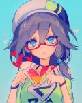  1girl blue_background blue_eyes blue_hair braised_cutlass casual closed_mouth fu_hua fu_hua_(night_squire) fu_hua_(spring_traveler) glasses green_shirt grey_hair hair_between_eyes hat heart heart_hands highres honkai_(series) honkai_impact_3rd long_hair looking_at_viewer low-tied_long_hair low_ponytail object_on_head off-shoulder_shirt off_shoulder official_alternate_costume ponytail shirt solo sweat upper_body white_headwear 