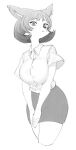 1girl animal_ears blunt_bangs breasts eyebrows eyelashes furry furry_female hands_on_lap highres hutomayuu large_breasts looking_at_viewer monochrome original pencil_skirt shirt short_hair short_sleeves skirt snout white_background