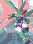  1boy armor black_bodysuit bodysuit covered_navel cropped_jacket crotch_plate energy_sword energy_wings forehead_jewel green_eyes highres ishigaki_(sora_roxas) jacket mechanical_wings mega_man_(series) mega_man_zx model_hx_(mega_man) open_clothes open_jacket solo sword twitter_username vent_(mega_man) weapon wings 