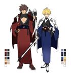  2boys alternate_costume black_gloves black_nails blonde_hair blue_kimono brown_hair ebi_pri_shrimp father-in-law_and_son-in-law fingerless_gloves full_body gloves guilty_gear guilty_gear_strive hair_between_eyes headband holding holding_sword holding_weapon japanese_clothes kimono ky_kiske long_hair long_sleeves looking_at_another male_focus multiple_boys muscular muscular_male obi pectorals red_eyes red_kimono sash short_hair smile sol_badguy spiky_hair standing sword thunderseal weapon wide_sleeves 